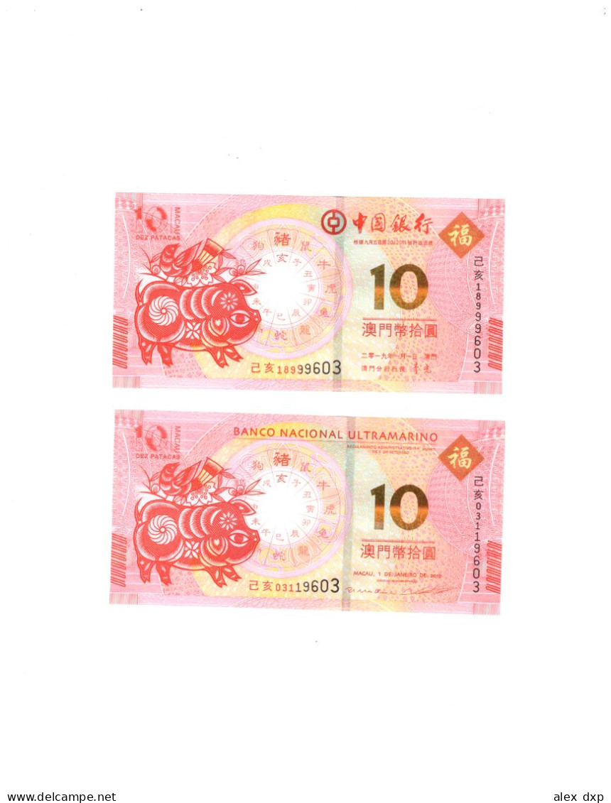 MACAU P-88D+P-122 > SET OF 2 > 10 PATACA (BNU) + 10 PATACA (BOC) 2019, YEAR OF THE PIG, BOTH UNC - Macao