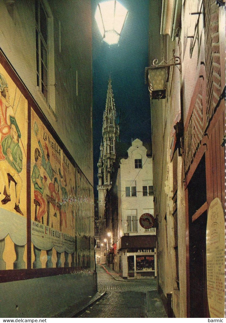 BRUXELLES, PETITE RUE DES BOUCHERS ET TOUR DE L HOTEL DE VILLE COULEUR REF 9351 SOM - Bruselas La Noche