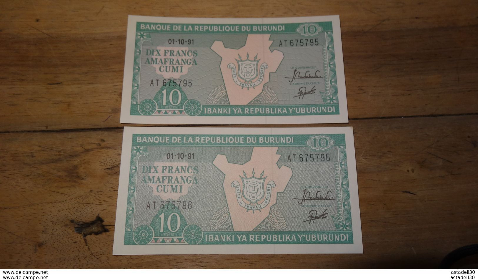 BURUNDI : 10 Francs 1991 , 2 Billets N° Consecutifs,  UNC ......... PHI ...... E2-70 - Burundi