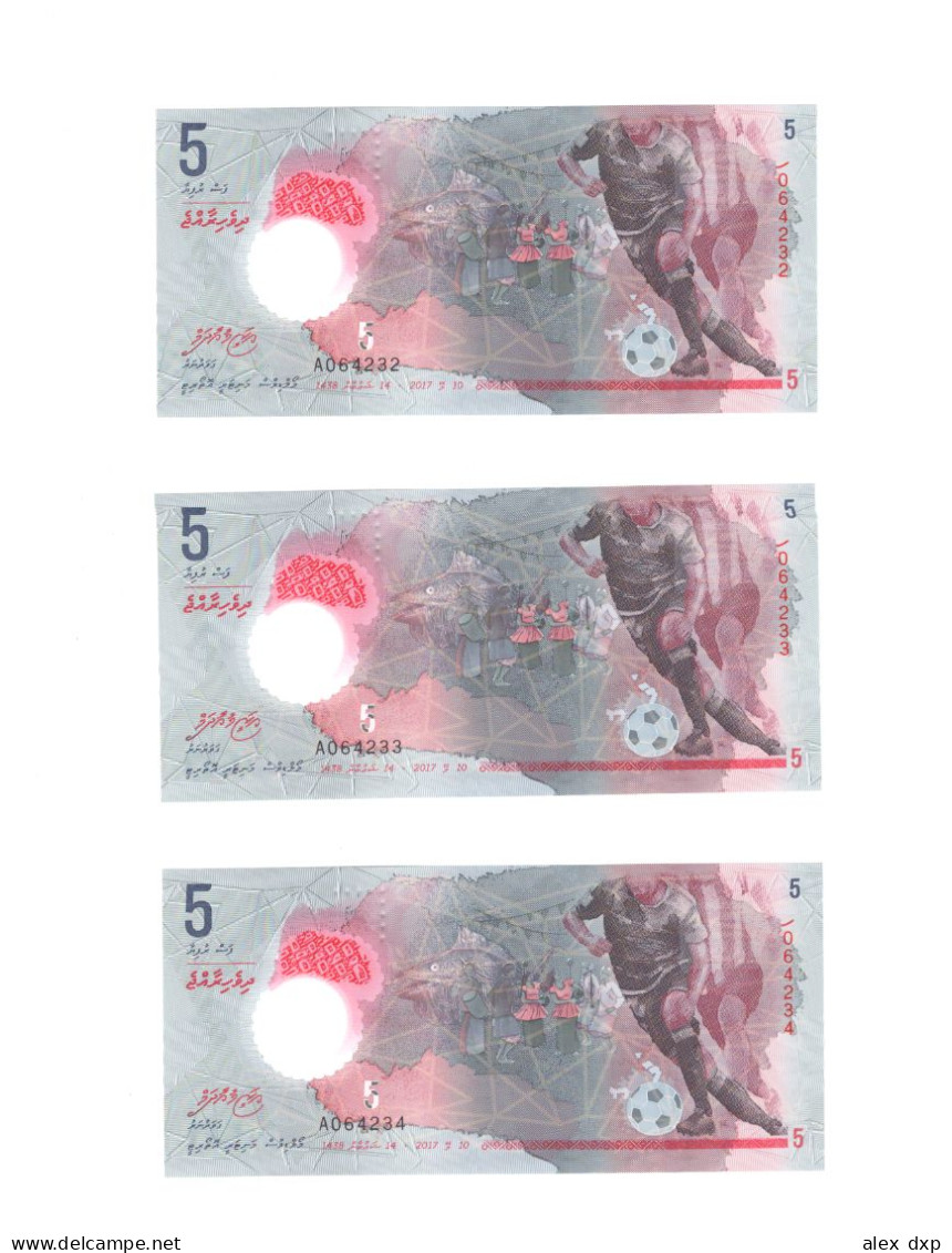 MALDIVES P-26Aa > 3x 5 RUFIYAA 2017, CONSEQUTIVE SERIAL NUMBERS, POLYMER, ALL UNC - Maldives