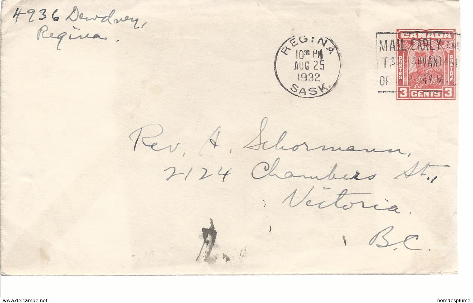 19586) Canada Regina Post Mark Cancel 1932 Slogan - Briefe U. Dokumente