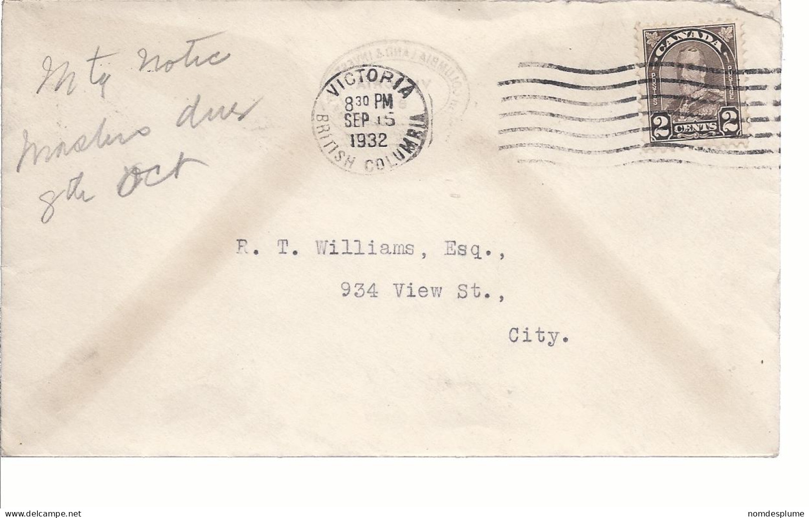 19588) Canada Victoria Post Mark Cancel 1932 - Lettres & Documents