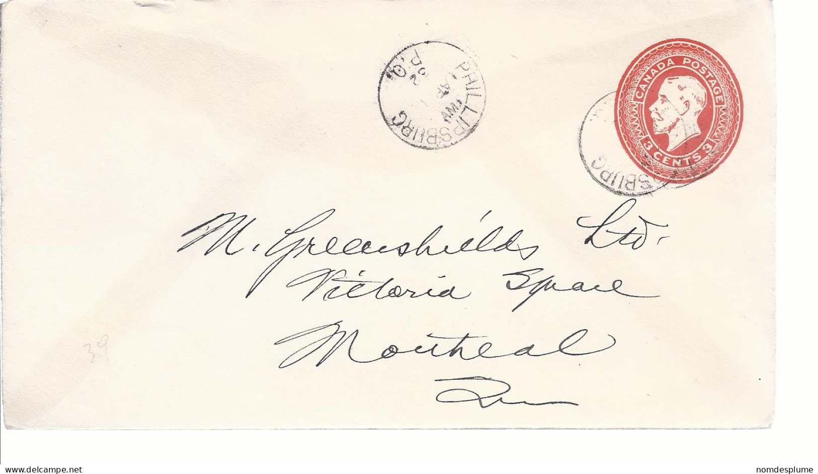 19596) Canada Phillipsburg Post Mark Cancel 1932 Closed Post Office Postal Stationery - Covers & Documents