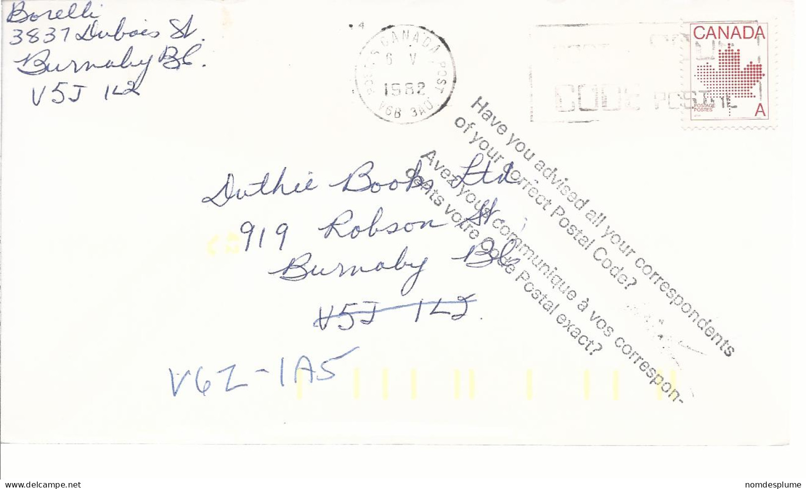 19597) Canada Post Mark Cancel  Slogan1982  - Lettres & Documents