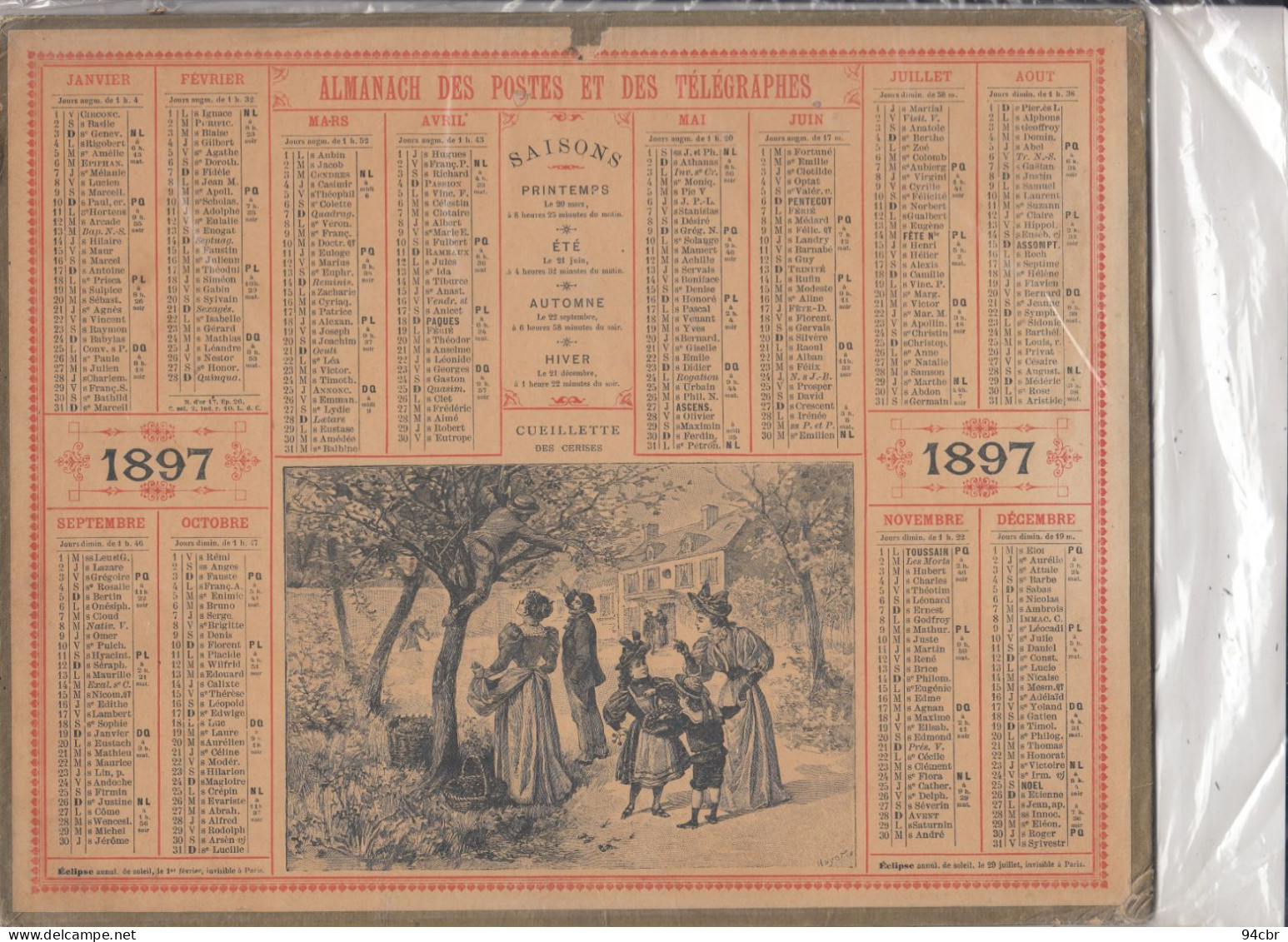 CALENDRIERS DES POSTES (1897)  L Cueuillette Des Cerises  21x26 - Groot Formaat: ...-1900