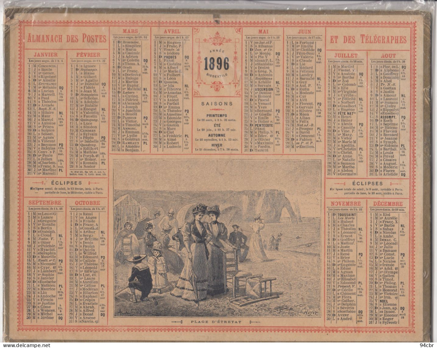 CALENDRIERS DES POSTES (1896)   PLAGE D ETRETAT  21x26 - Big : ...-1900