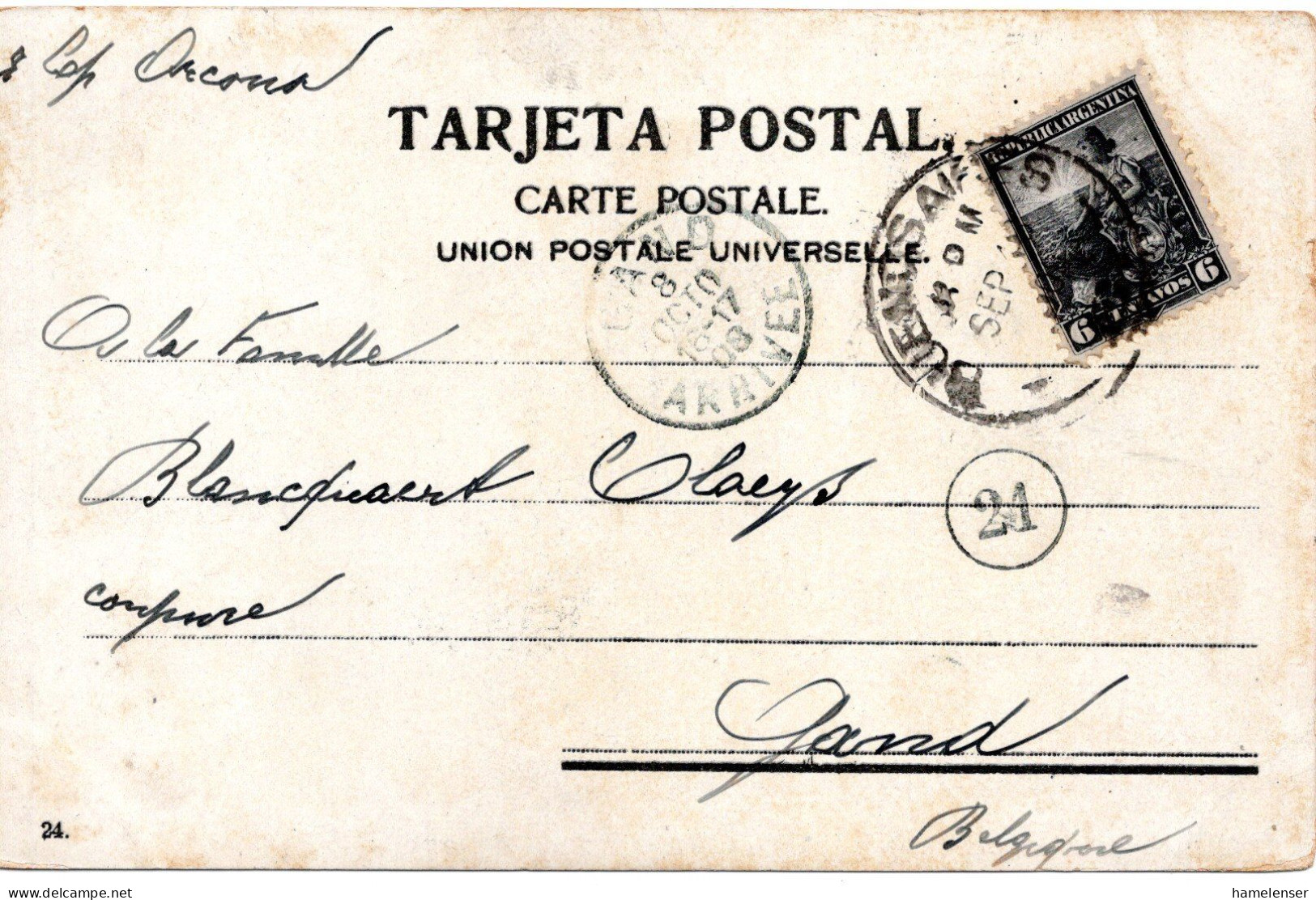 67602 - Argentinien - 1908 - 6c EF A AnsKte BUENOS AIRES -> GAND (Belgien) - Covers & Documents