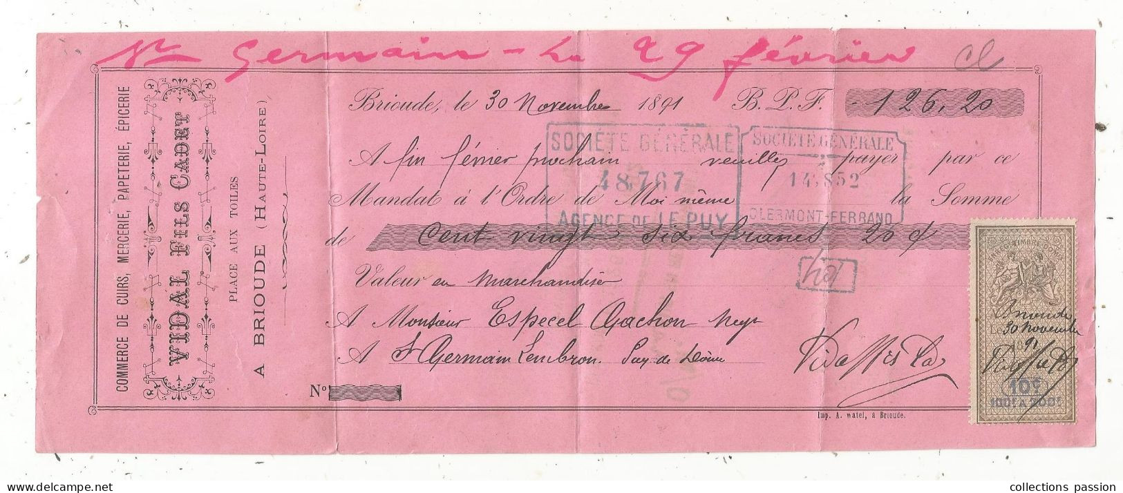 Mandat, Commerce De Cuirs...VIDAL FILS CADET , BRIOUDE, HAUTE LOIRE, 1891, Frais Fr 1.75 E - Lettres De Change