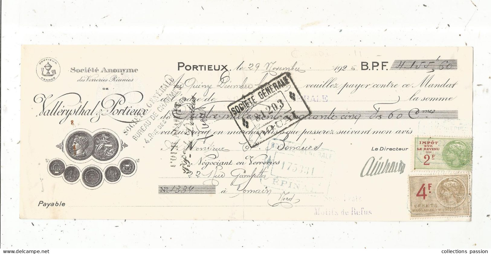 Mandat, Société Anonyme Des VERRERIES REUNIESde VALLERYSTAL & PORTIEUX, Portieux, 1926, Frais Fr 1.75 E - Bills Of Exchange