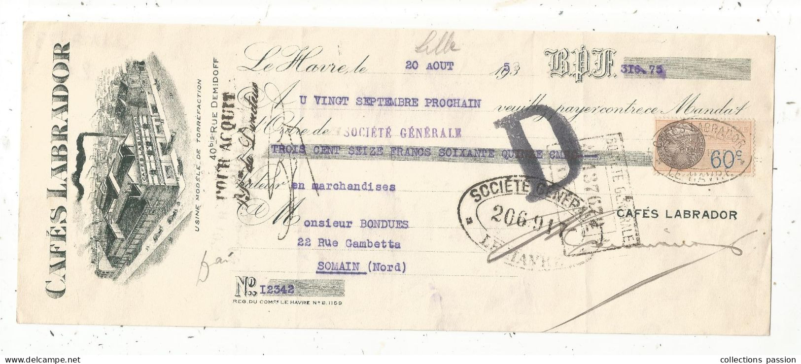 Mandat, CAFES LABRADOR , LE HAVRE, 1935, Frais Fr 1.75 E - Bills Of Exchange