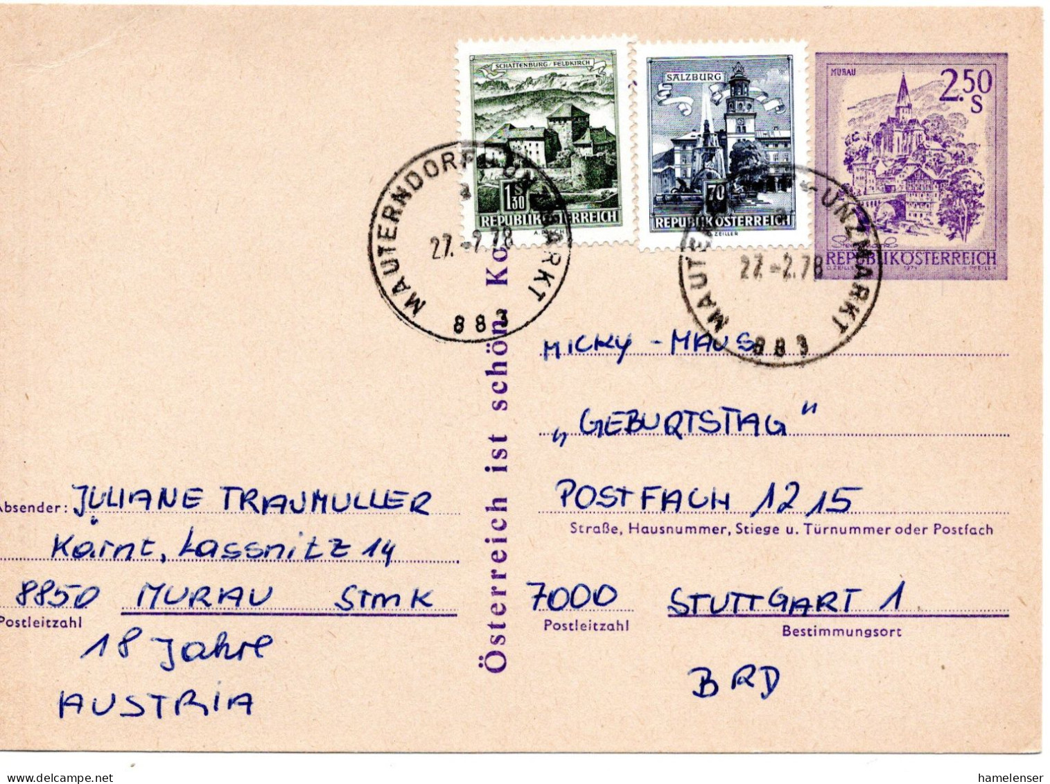 67609 - Österreich - 1978 - S2,50 Landschaften GAKte M ZusFrankatur BahnpostStpl MAUTERNDORF-UNZMARKT -> Westdeutschland - Briefe U. Dokumente