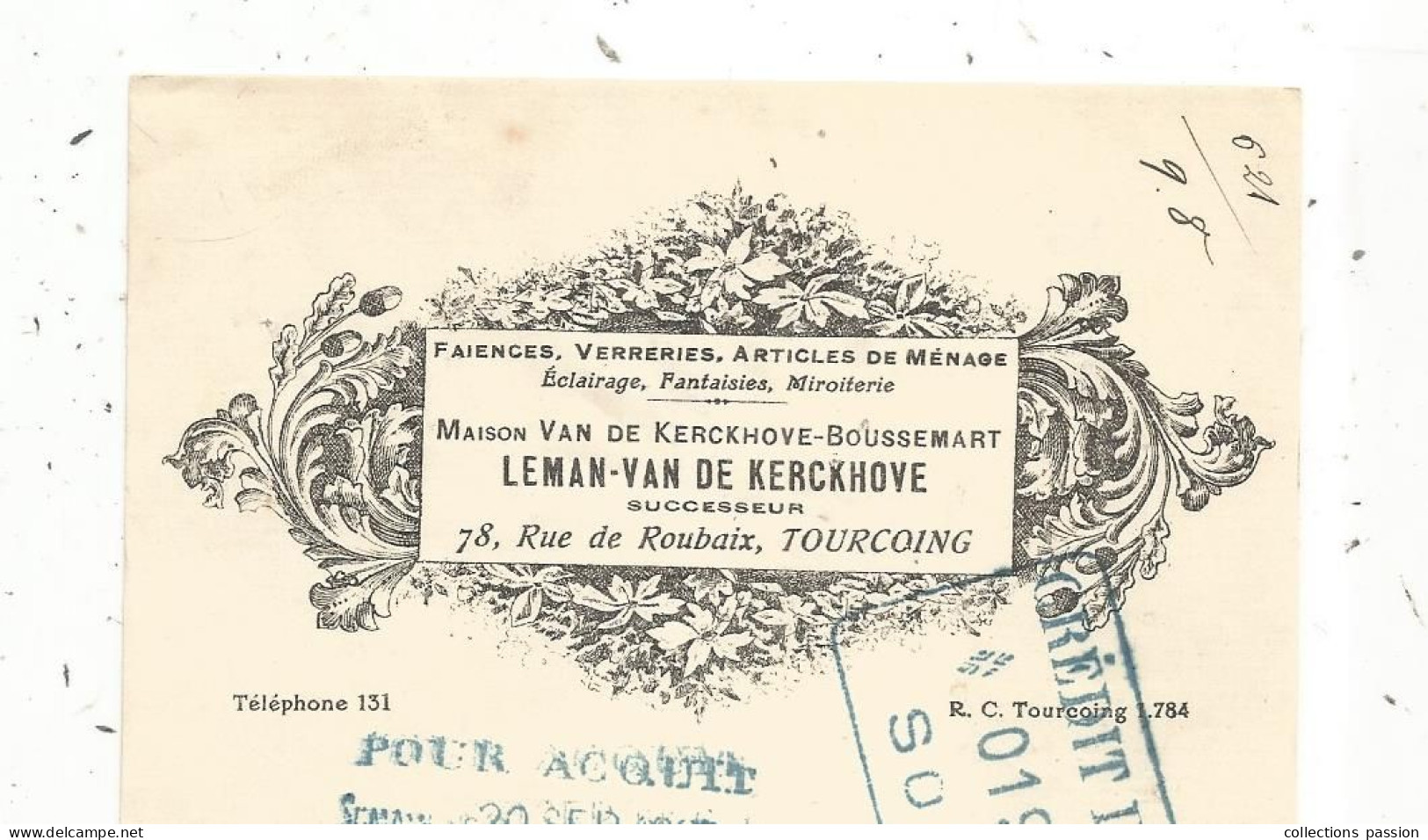 Mandat, Faiences, Verreries...LEMAN-VAN DE KERCKHOVE, 1926, Frais Fr 1.75 E - Bills Of Exchange