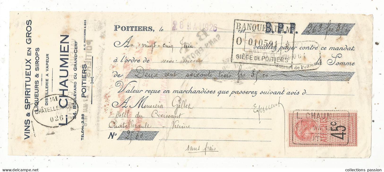 Mandat, Vins & Spiritueux En Gros, Distillerie à Vapeur, L. CHAUMIEN, POITIERS, 1926, Frais Fr 1.75 E - Lettres De Change