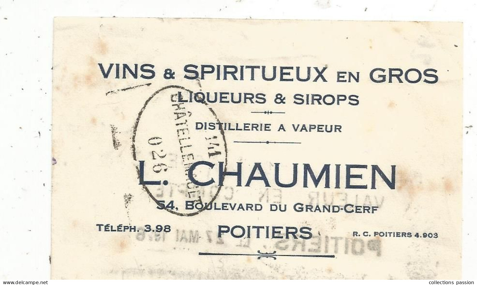 Mandat, Vins & Spiritueux En Gros, Distillerie à Vapeur, L. CHAUMIEN, POITIERS, 1926, Frais Fr 1.75 E - Bills Of Exchange