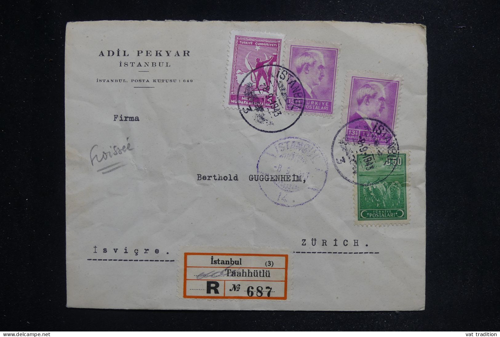 TURQUIE - Enveloppe  Commerciale En Recommandé De Istanbul Pour La Suisse En 1943 - L 144321 - Cartas & Documentos