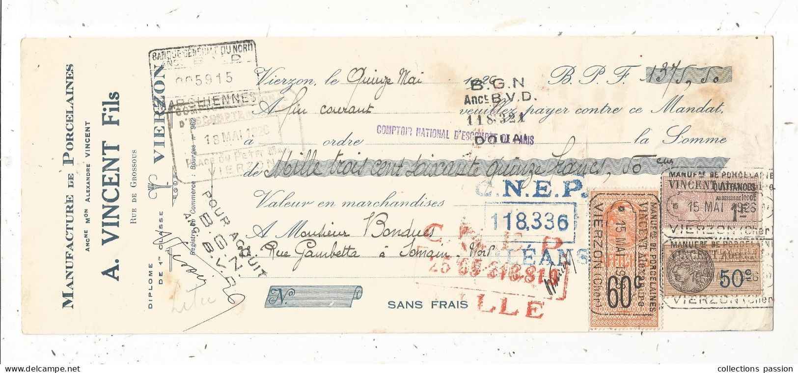 Mandat, Manufacture De Porcelaine, A. VINCENT FILS, VIERZON, 1926, Frais Fr 1.75 E - Bills Of Exchange