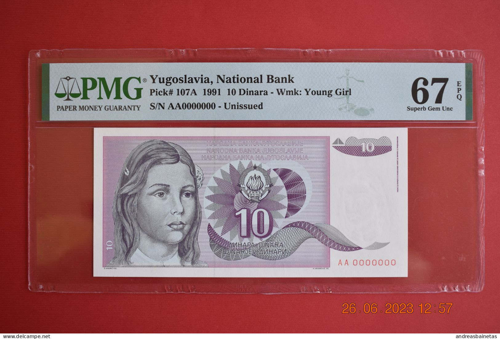 Banknotes Yugoslavia 10 Dinara 1991 PMG 67 SPECIMEN NOT ISSUED - Fictifs & Spécimens