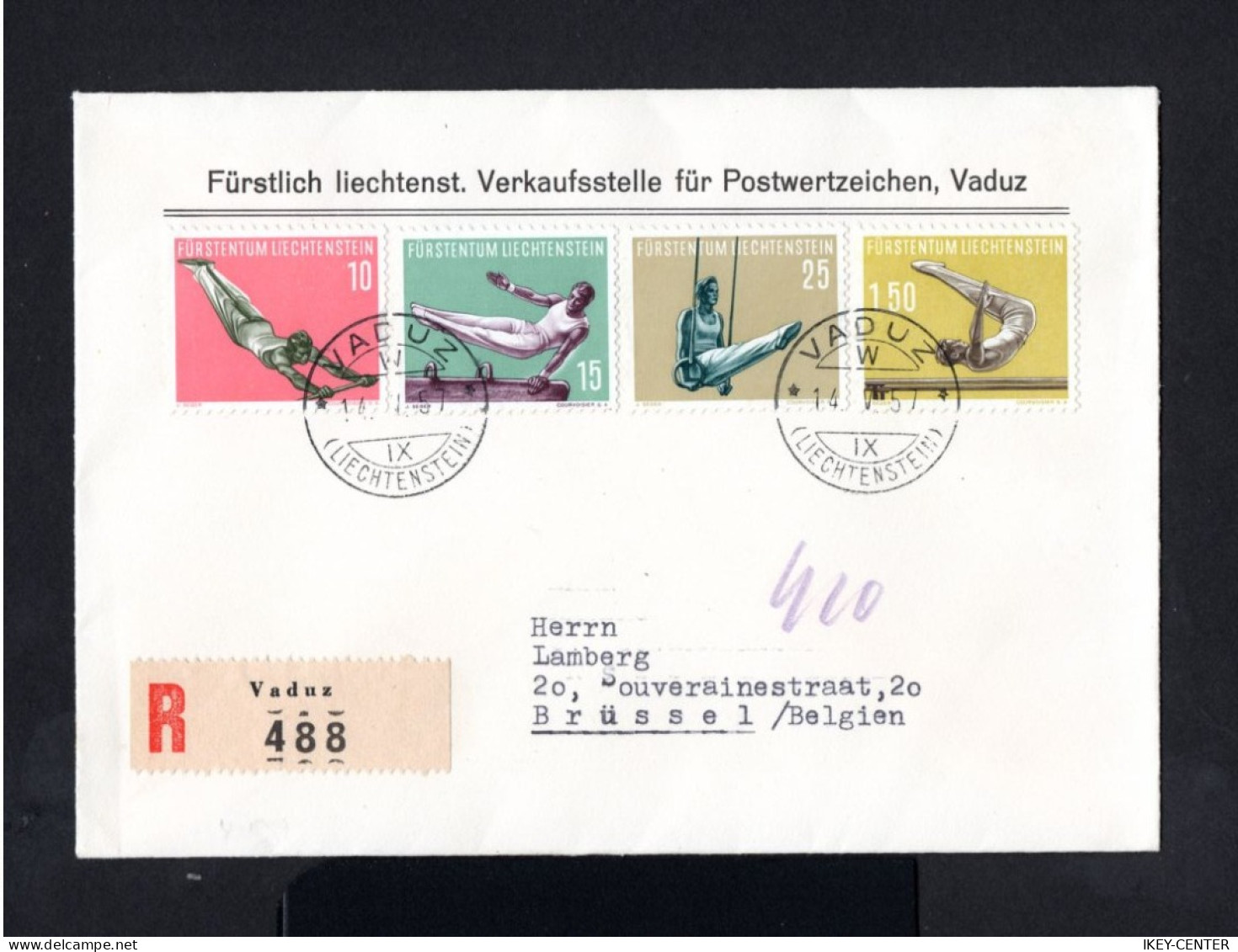 S4899-LIECHTENSTEIN-REGISTERED COVER VADUZ To BRUSSELS (belgium) 1957.ENVELOPPE Recommande.SPORTS - Cartas & Documentos