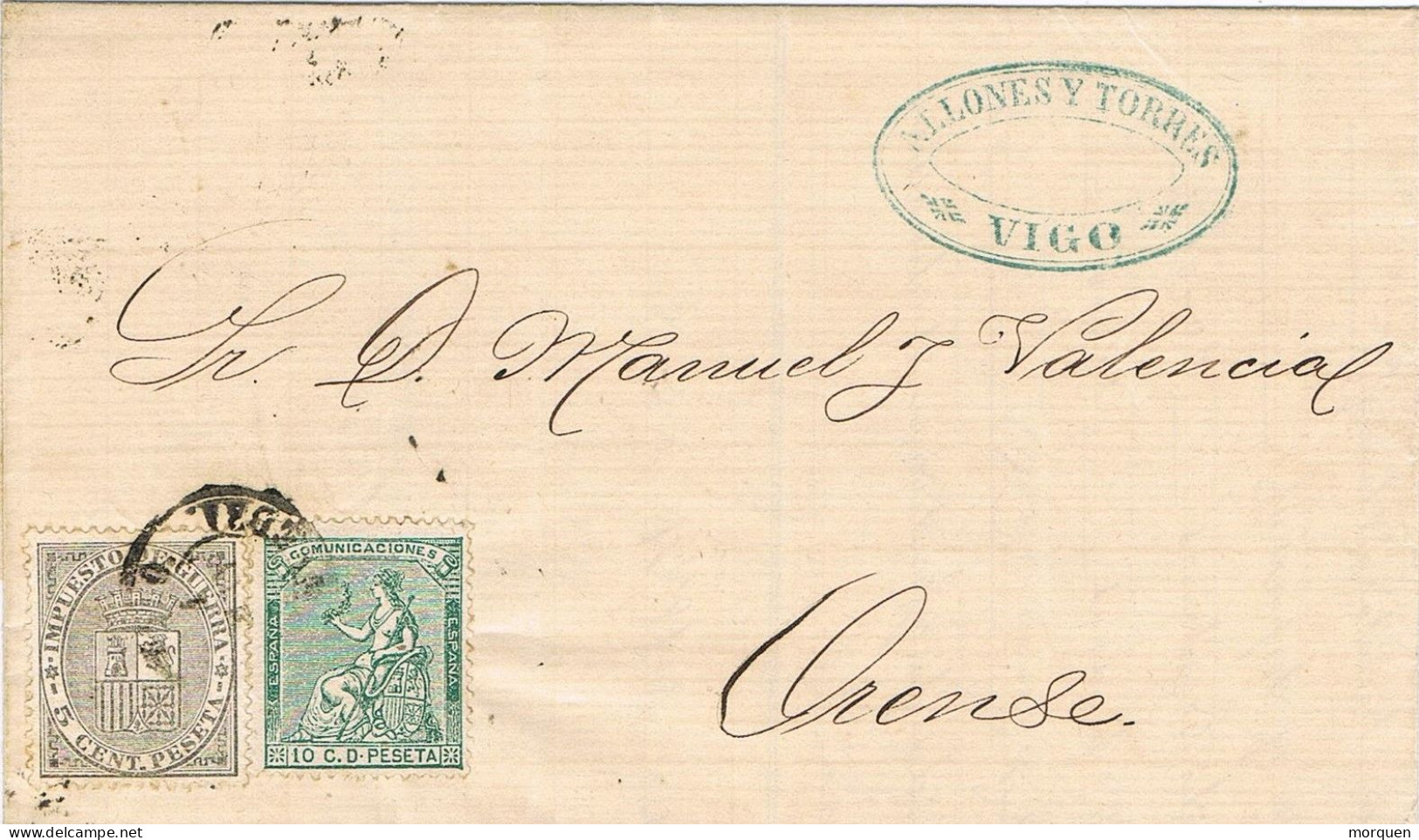 50691. Carta Entera  VIGO (Pontevedra) 1874. Sello Impuesto Guerra - Briefe U. Dokumente