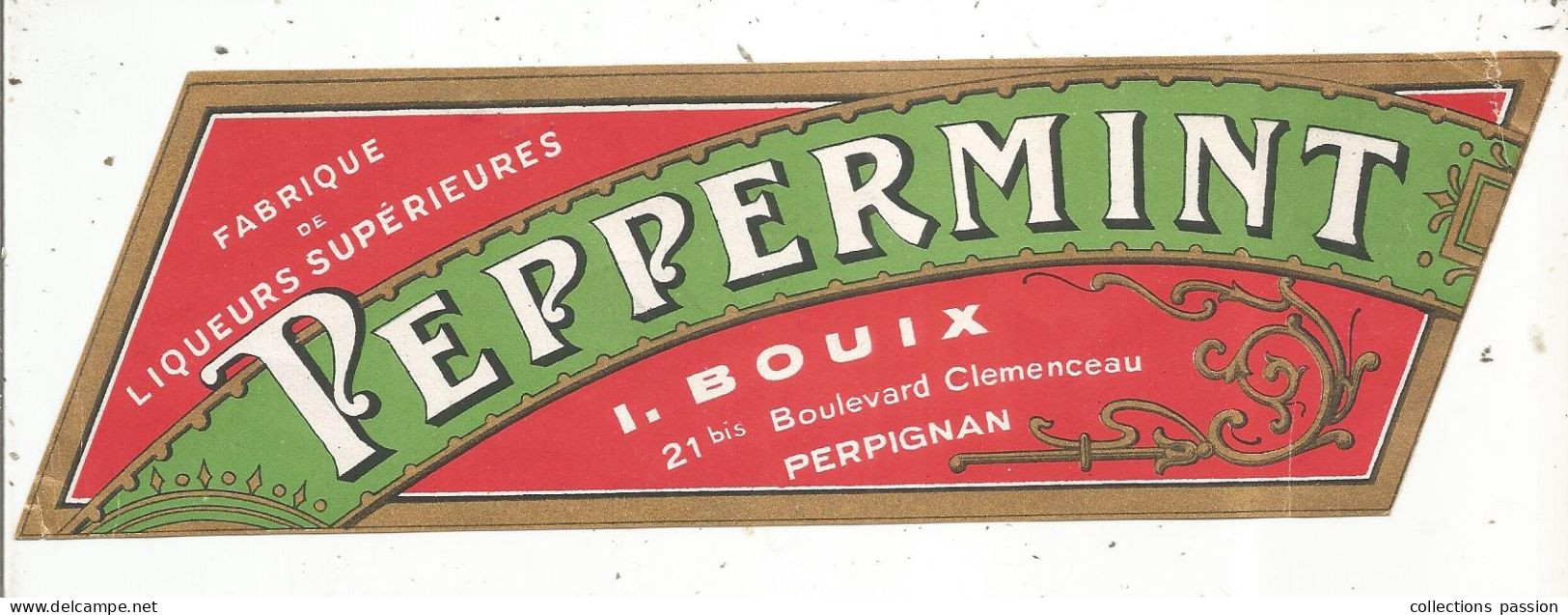 étiquette, Alcool, Liqueur, PEPPERMINT, I. BOUIX, PERPIGNAN, 66, Pyrénées Orientales, Frais Fr 1.65 E - Alcoholes Y Licores