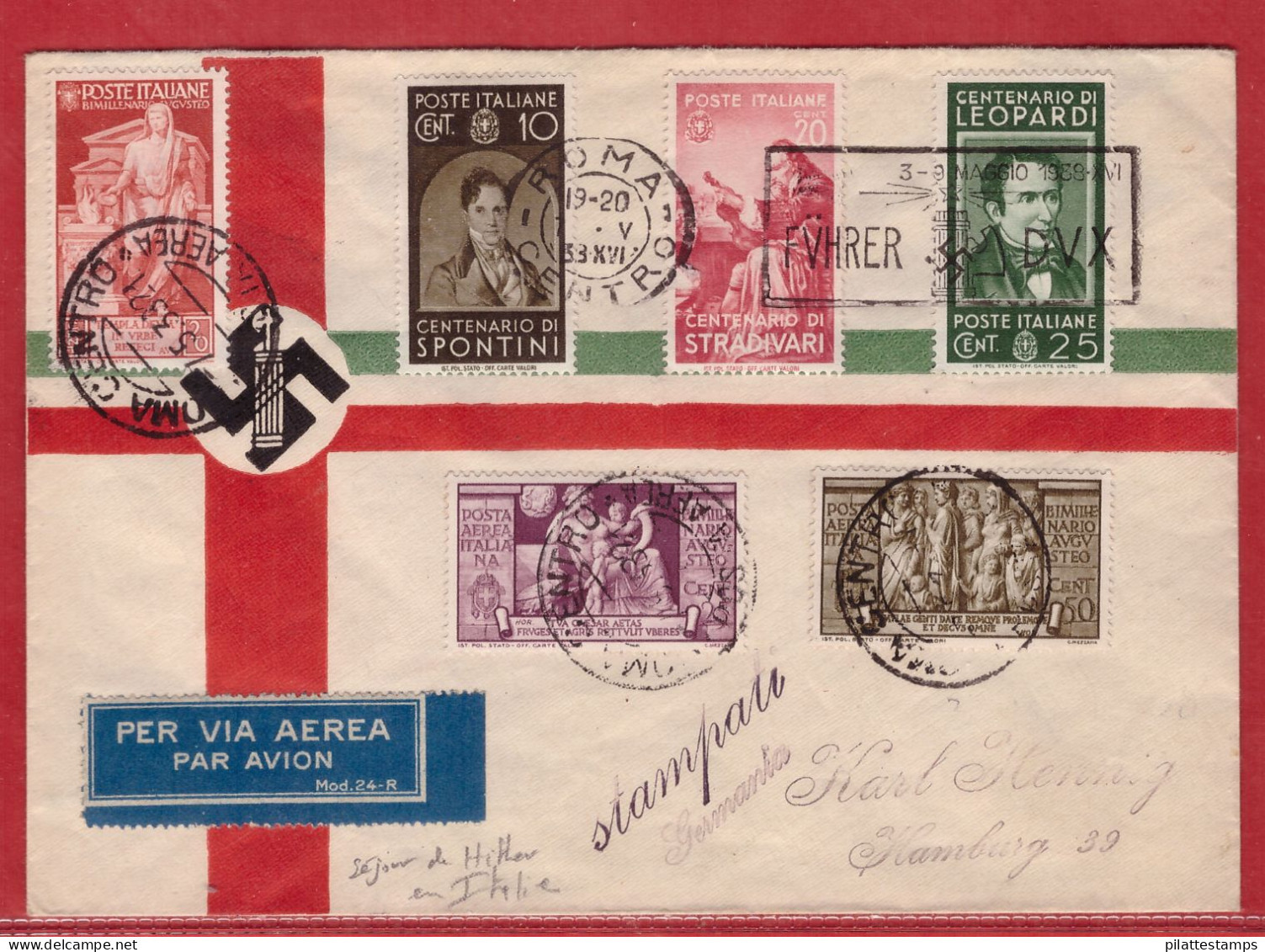 ITALIE LETTRE SEJOUR DU CHANCELIER ALLEMAND DE 1938 DE ROME POUR HAMBOURG ALLEMAGNE - Storia Postale (Zeppelin)