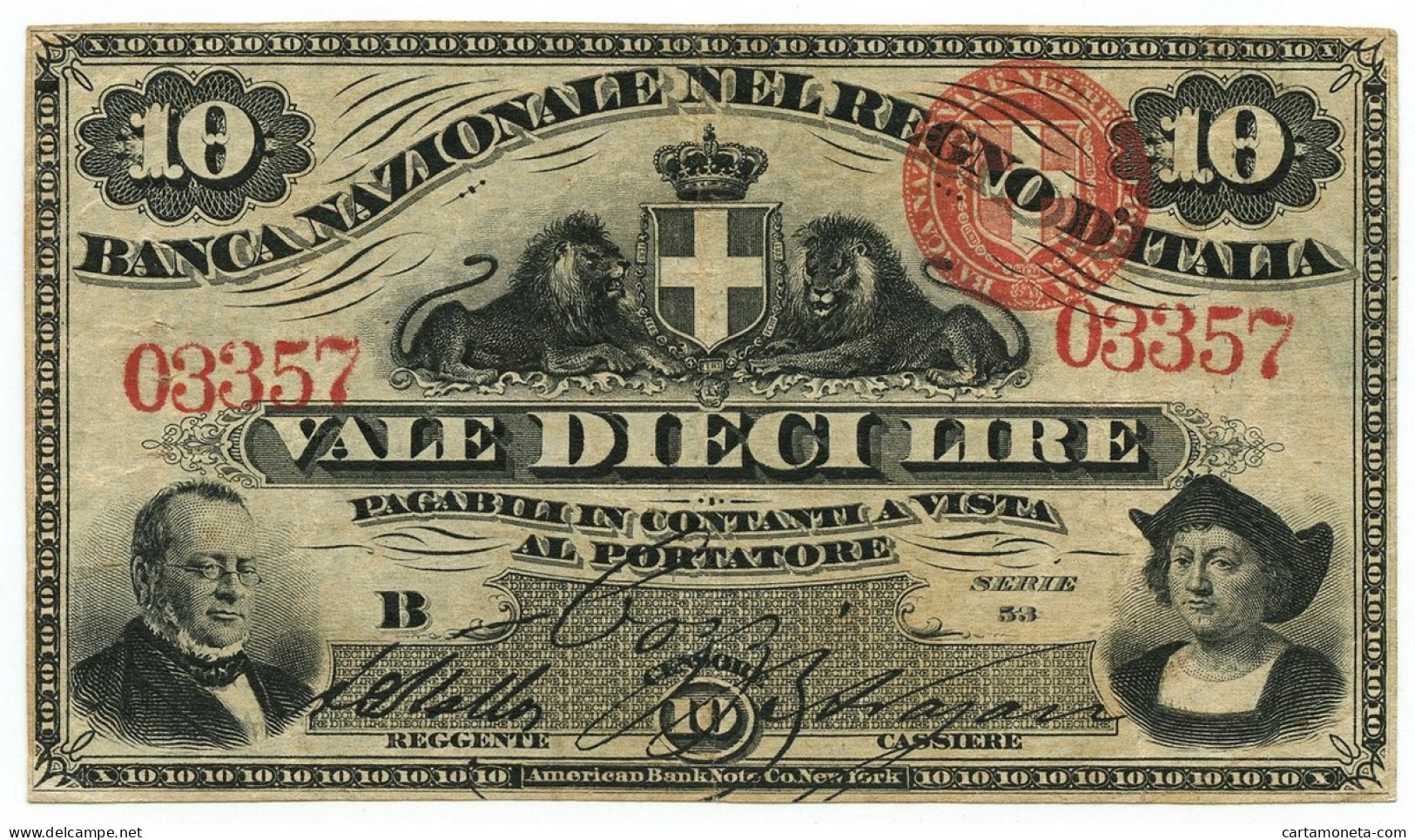 10 LIRE BANCA NAZIONALE NEL REGNO D'ITALIA CAVOUR COLOMBO 25/07/1866 BB - Altri & Non Classificati