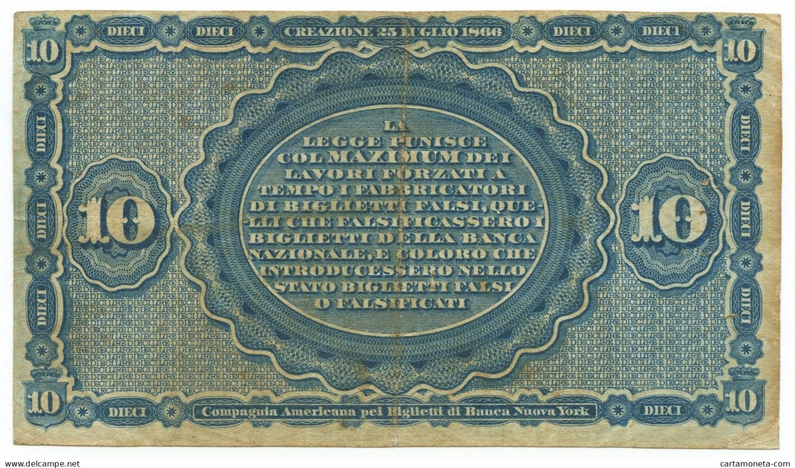 10 LIRE BANCA NAZIONALE NEL REGNO D'ITALIA CAVOUR COLOMBO 25/07/1866 BB - Autres & Non Classés