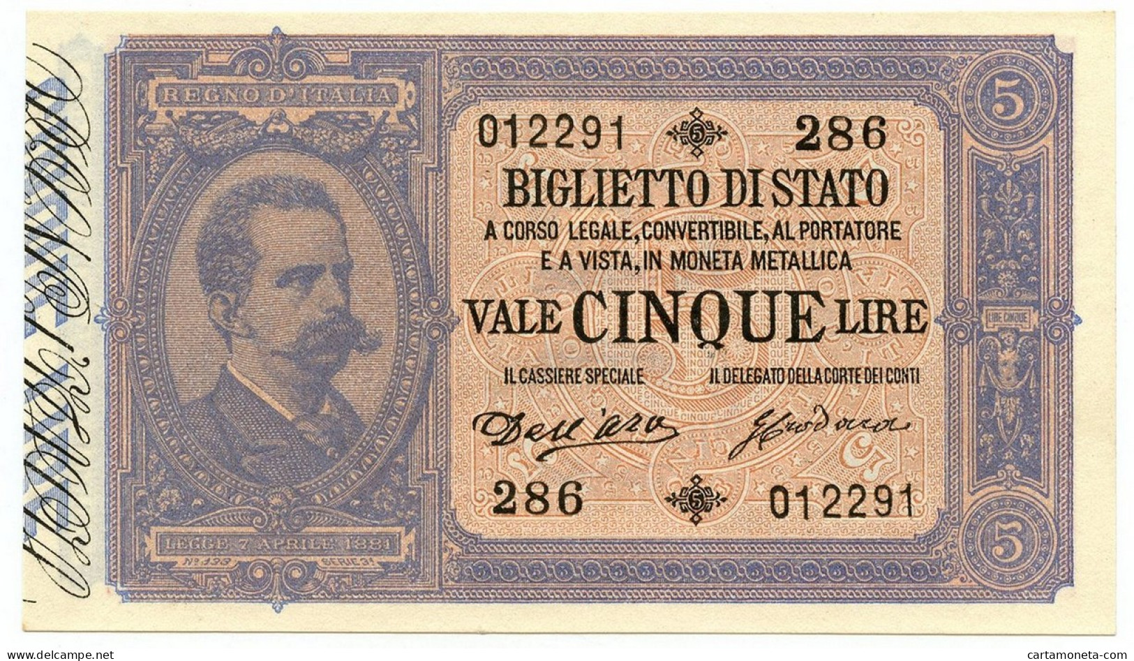 5 LIRE BIGLIETTO DI STATO EFFIGE UMBERTO I 01/03/1883 FDS-/FDS - Regno D'Italia – Autres