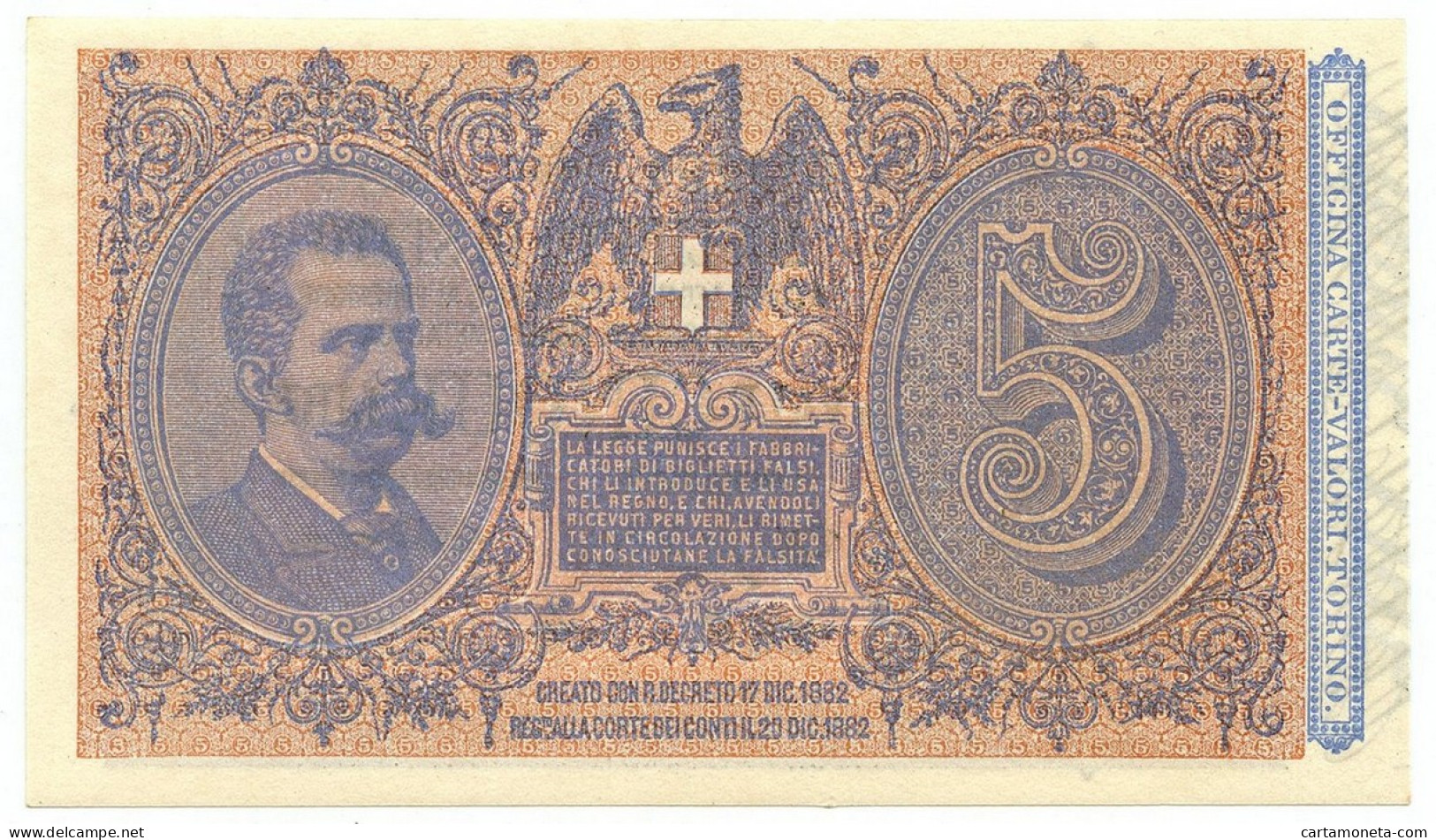 5 LIRE BIGLIETTO DI STATO EFFIGE UMBERTO I 01/03/1883 FDS-/FDS - Regno D'Italia – Autres