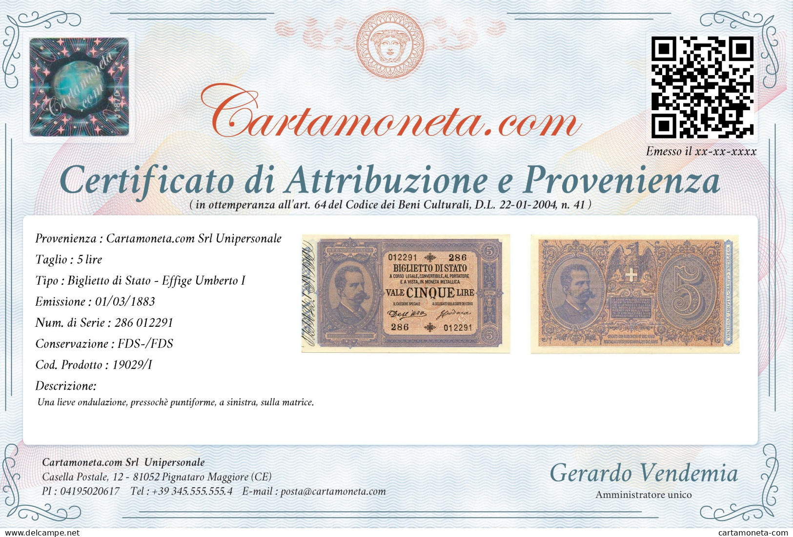 5 LIRE BIGLIETTO DI STATO EFFIGE UMBERTO I 01/03/1883 FDS-/FDS - Regno D'Italia – Autres