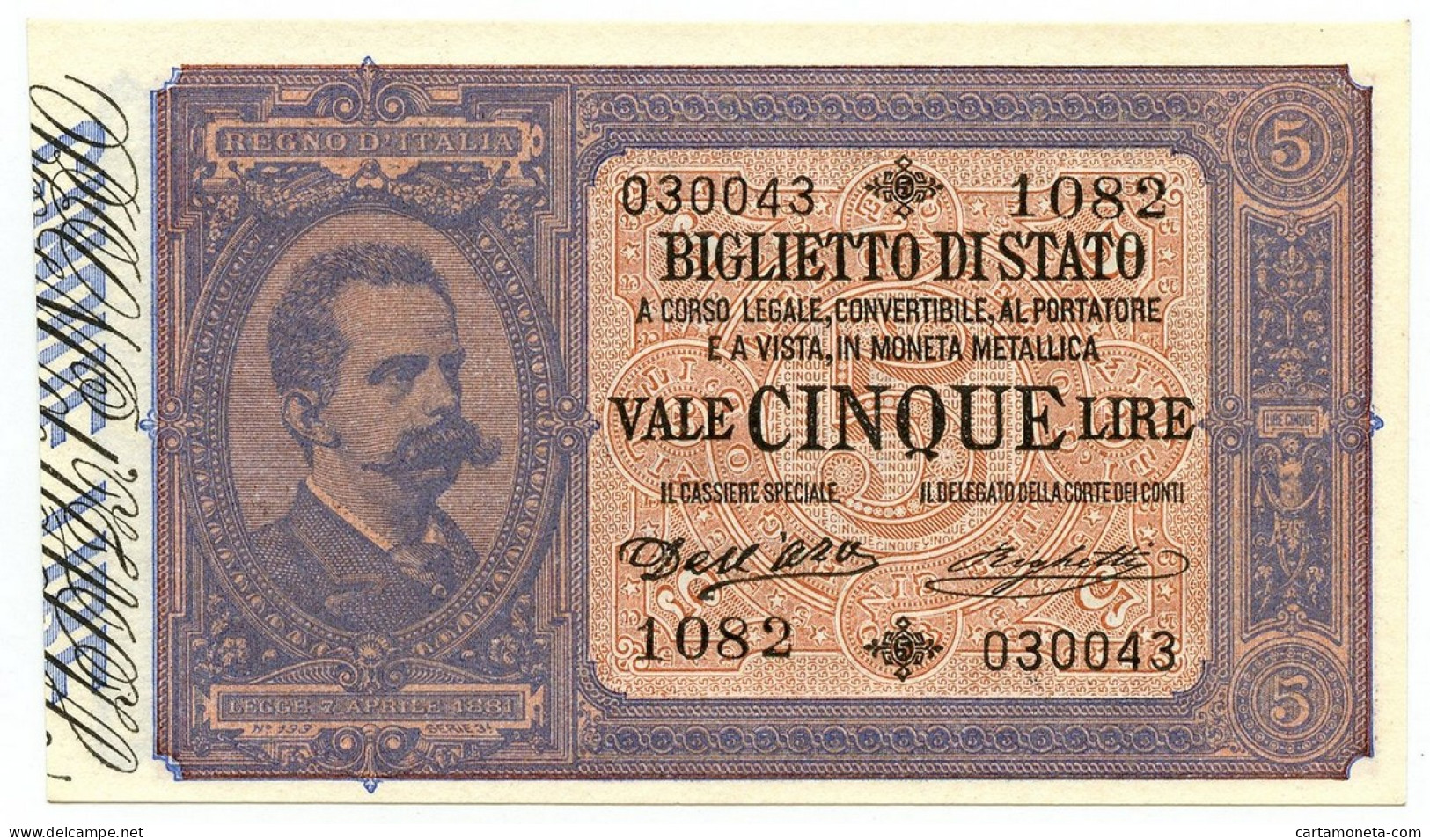 5 LIRE BIGLIETTO DI STATO EFFIGE UMBERTO I 25/10/1892 QFDS - Sonstige
