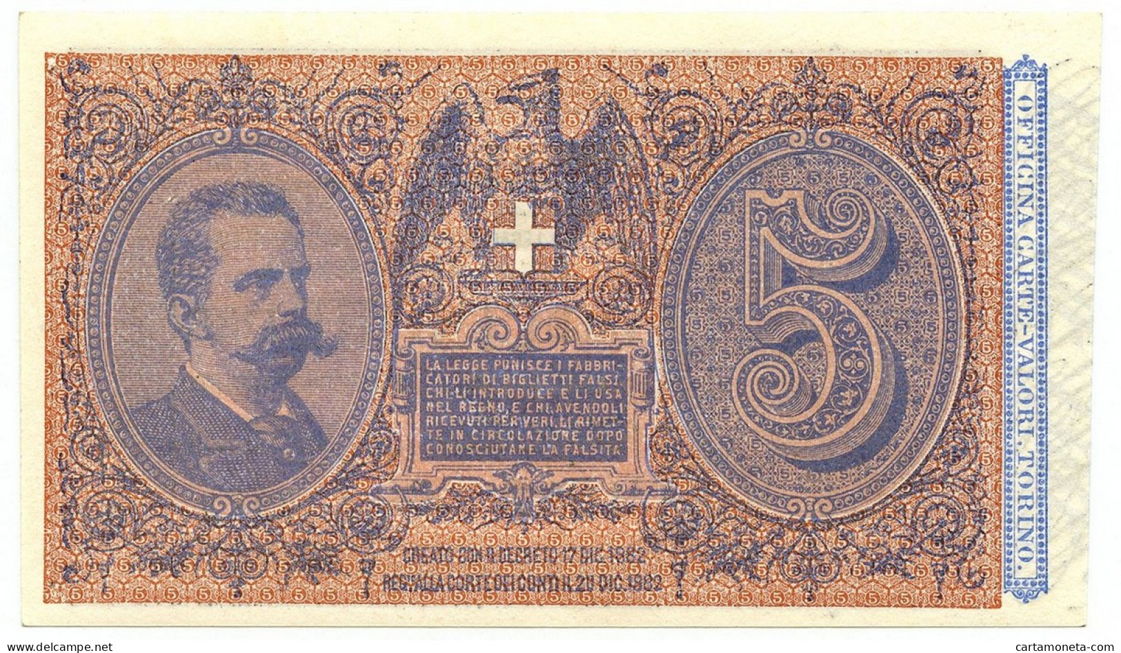 5 LIRE BIGLIETTO DI STATO EFFIGE UMBERTO I 25/10/1892 QFDS - Sonstige