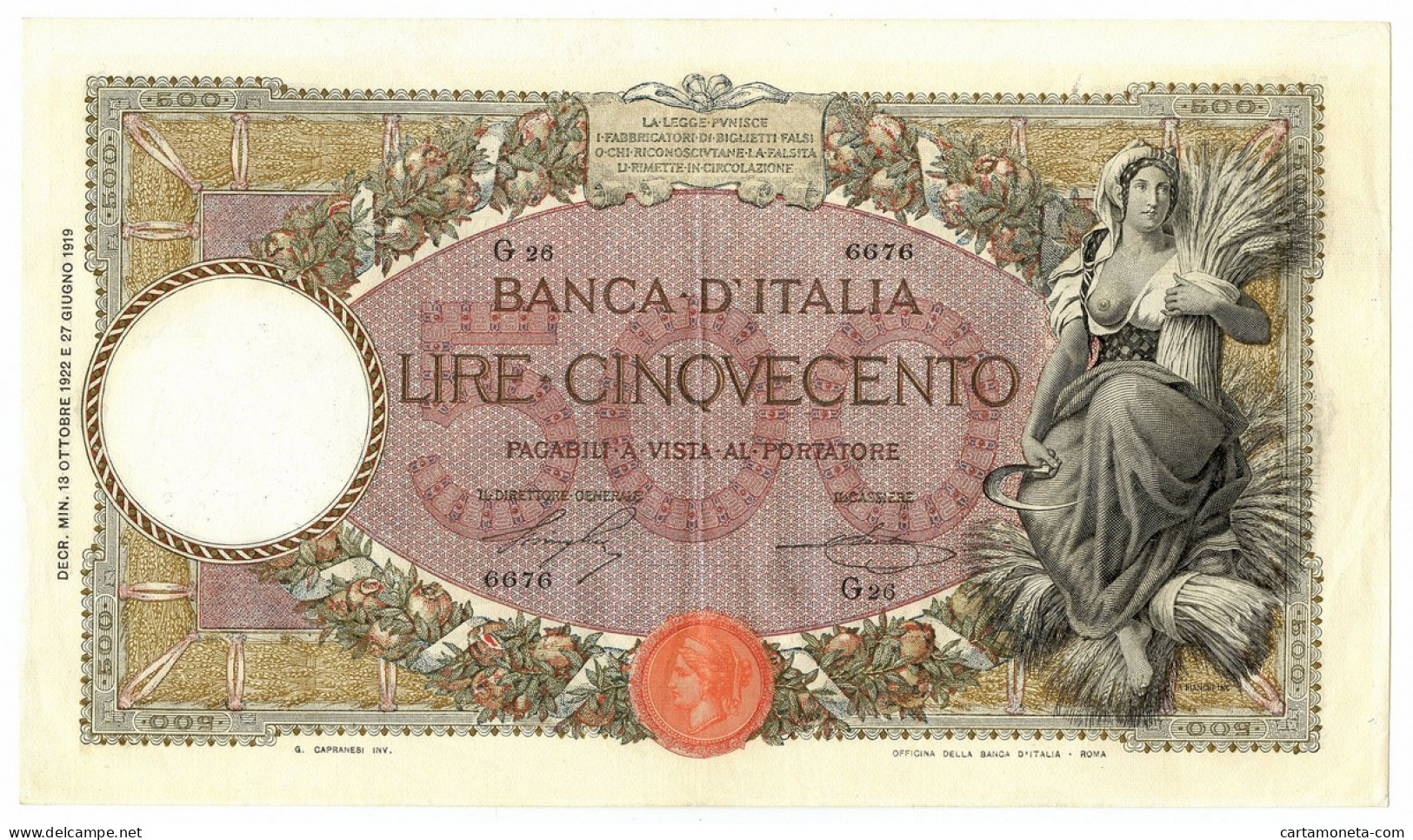 500 LIRE CAPRANESI MIETITRICE TESTINA DECRETO 13/10/1922 SPL - Regno D'Italia – Other