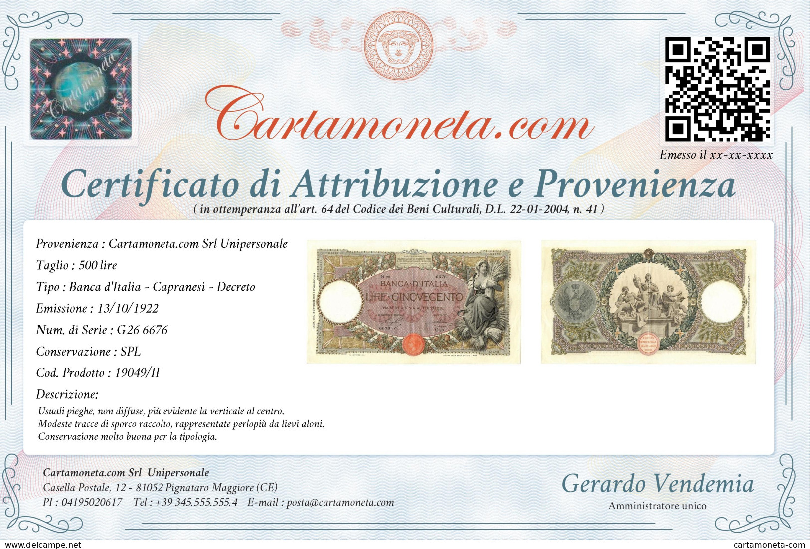 500 LIRE CAPRANESI MIETITRICE TESTINA DECRETO 13/10/1922 SPL - Regno D'Italia - Altri