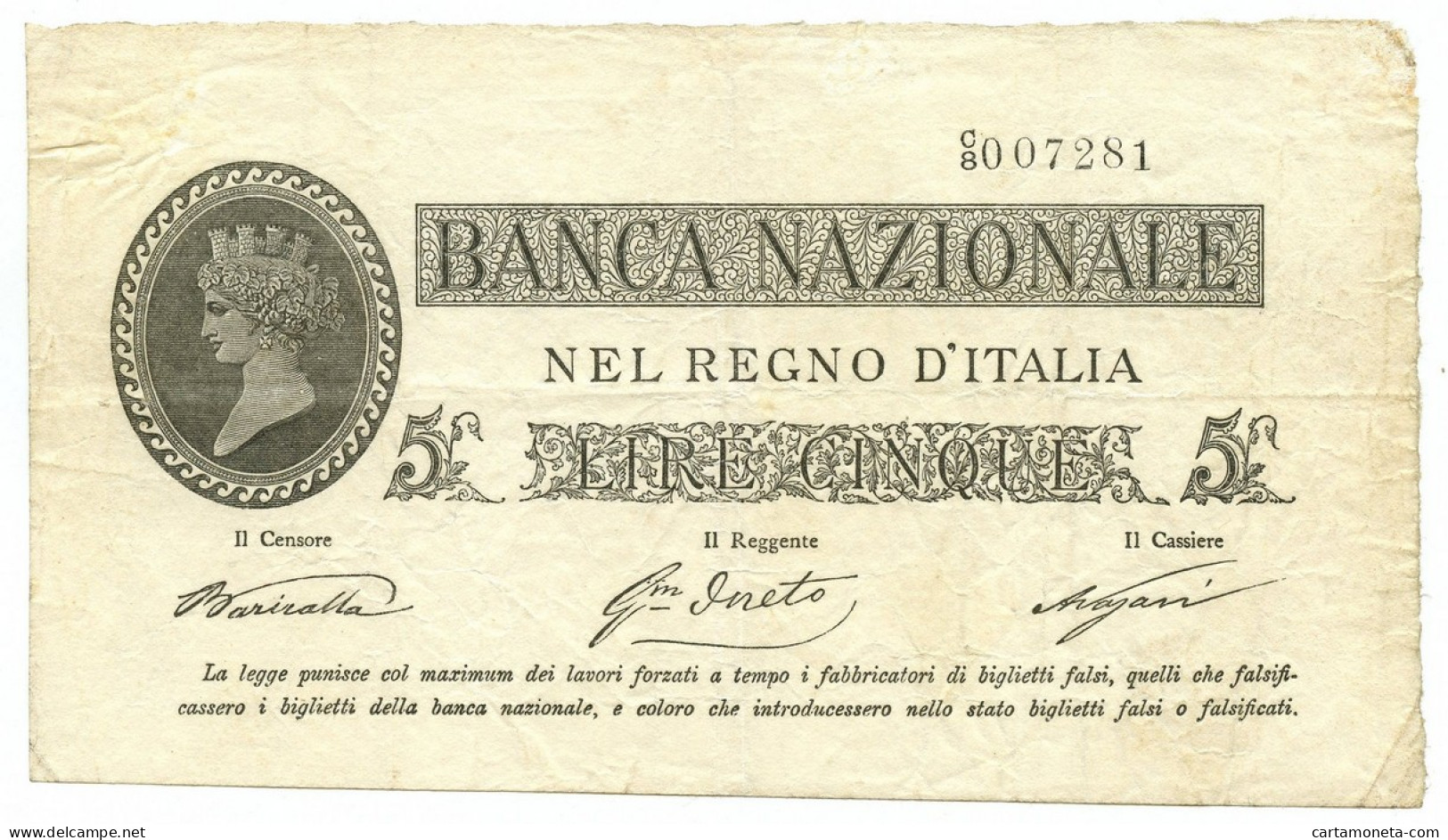 5 LIRE BANCA NAZIONALE NEL REGNO D'ITALIA TIPO PROVVISORIO 25/07/1866 BB/BB+ - Autres & Non Classés