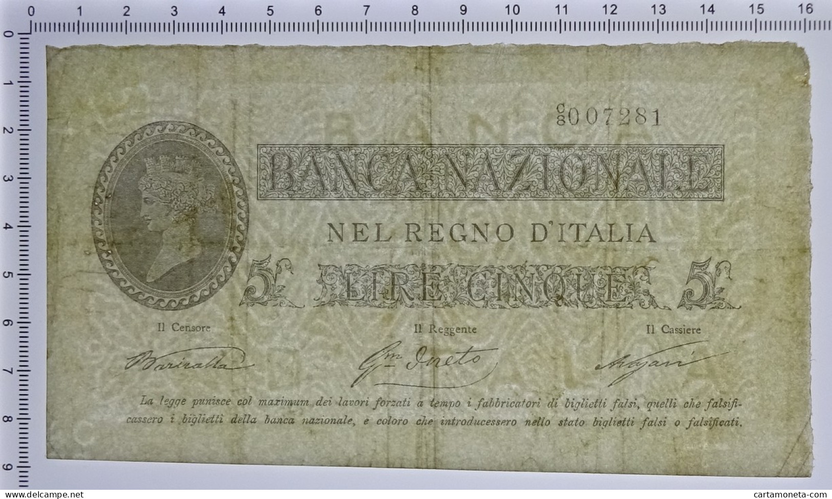 5 LIRE BANCA NAZIONALE NEL REGNO D'ITALIA TIPO PROVVISORIO 25/07/1866 BB/BB+ - Otros & Sin Clasificación