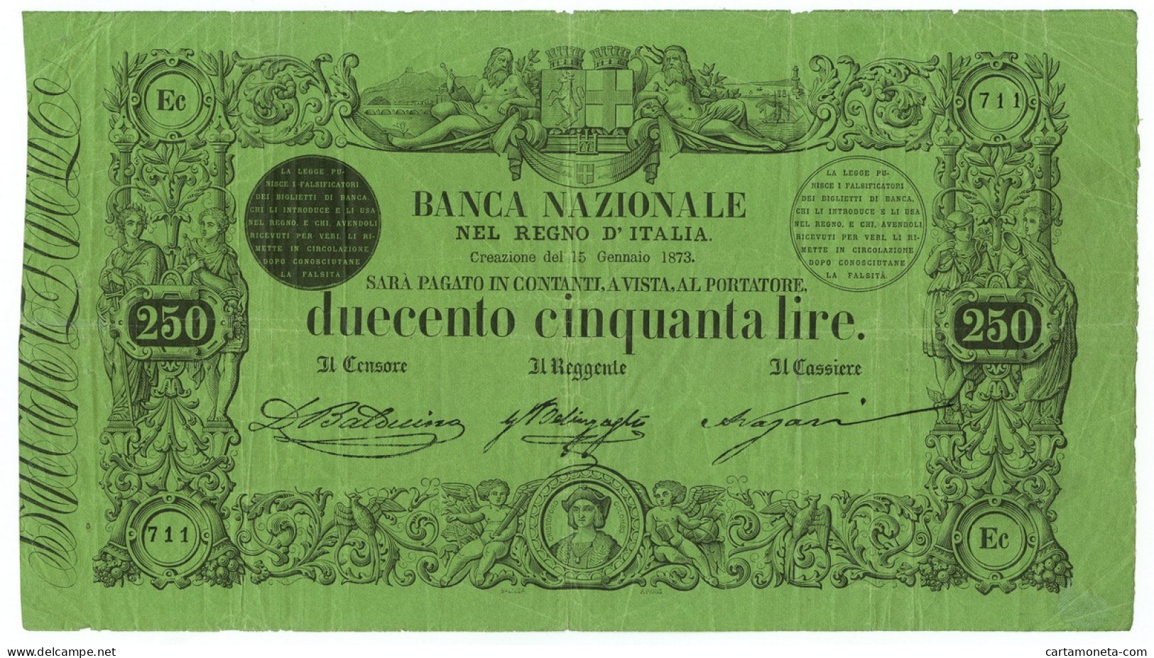 250 LIRE BANCA NAZIONALE NEL REGNO D'ITALIA 15/01/1873 BB/BB+ - Autres & Non Classés