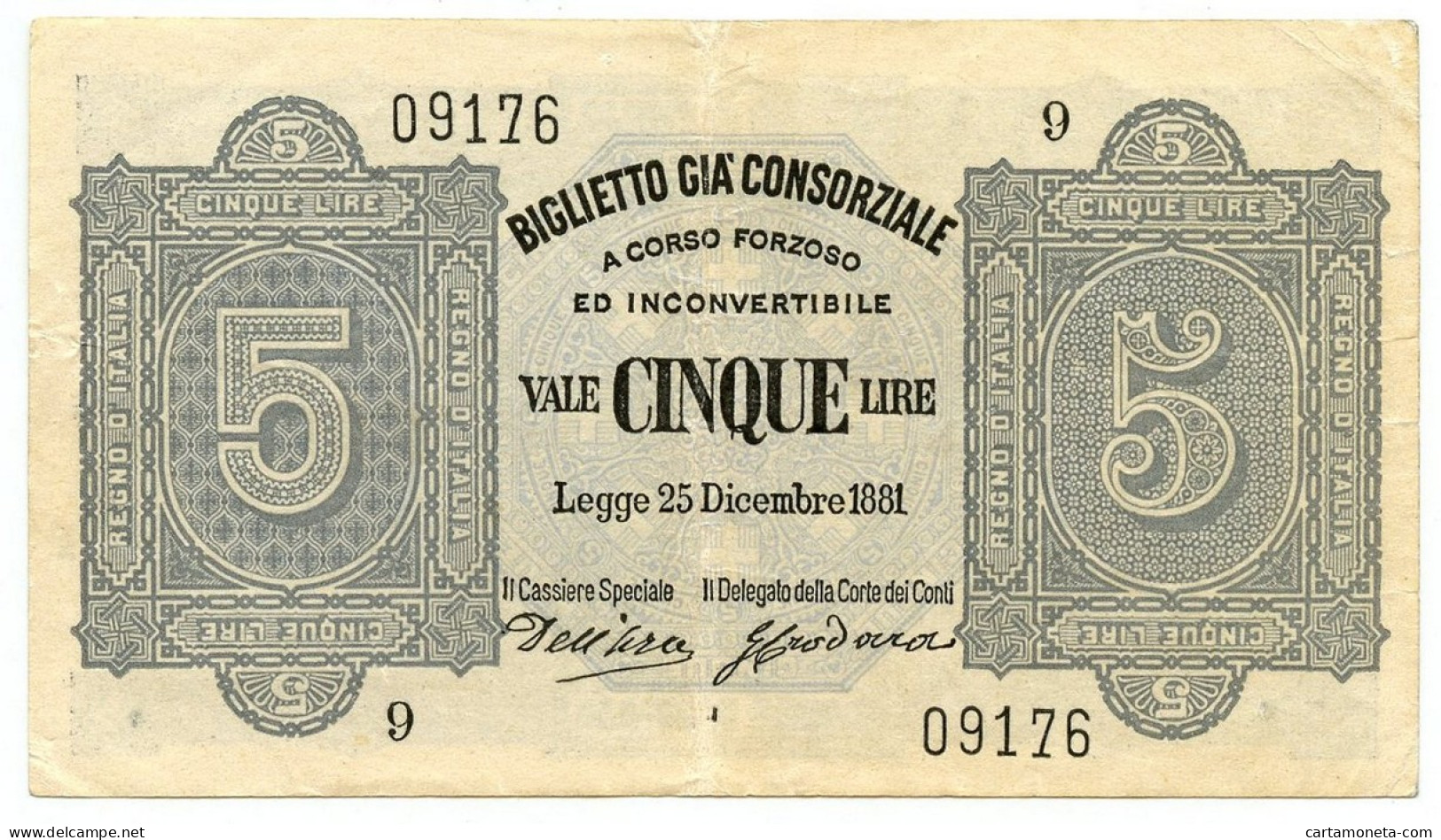 5 LIRE BIGLIETTO GIÀ CONSORZIALE REGNO D'ITALIA 25/12/1881 BB/SPL - Biglietti Gia Consorziale