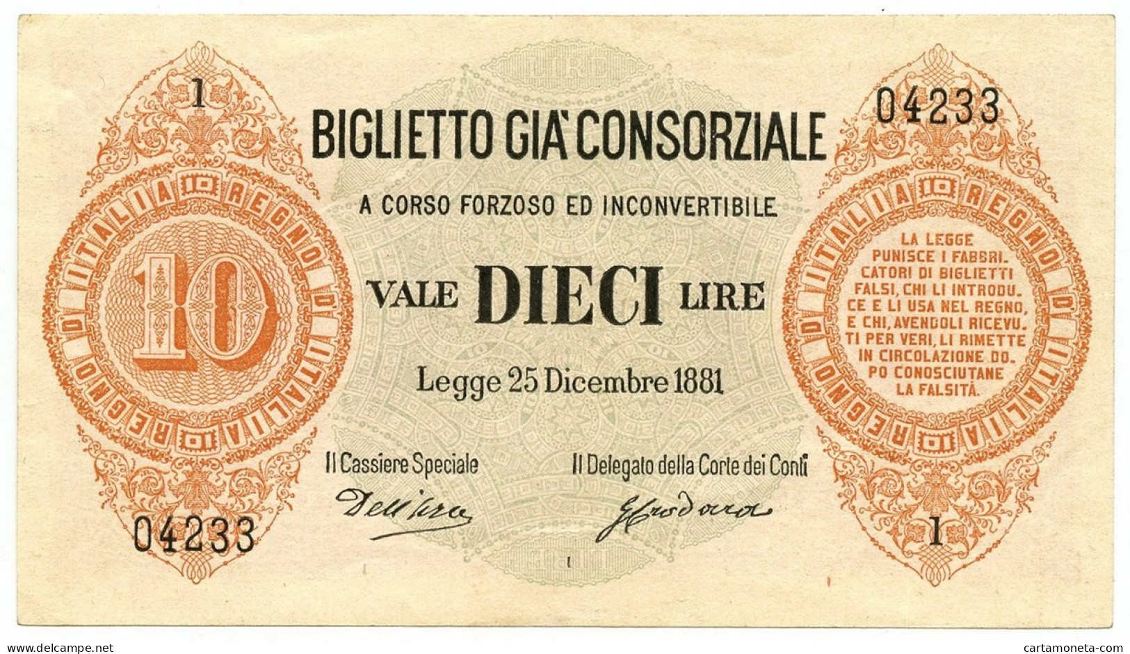 10 LIRE BIGLIETTO GIÀ CONSORZIALE REGNO D'ITALIA 25/12/1881 SUP- - Biglietti Gia Consorziale