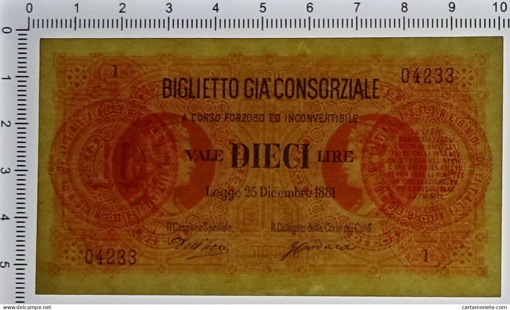 10 LIRE BIGLIETTO GIÀ CONSORZIALE REGNO D'ITALIA 25/12/1881 SUP- - Biglietti Gia Consorziale