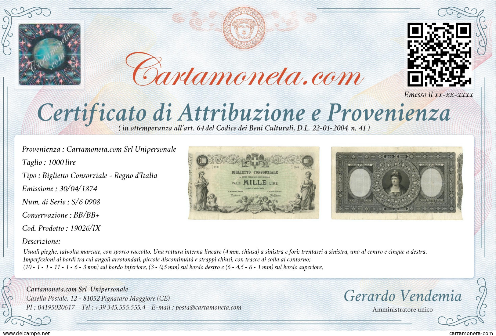 1000 LIRE BIGLIETTO CONSORZIALE REGNO D'ITALIA 30/04/1874 BB/BB+ - Biglietti Consorziale