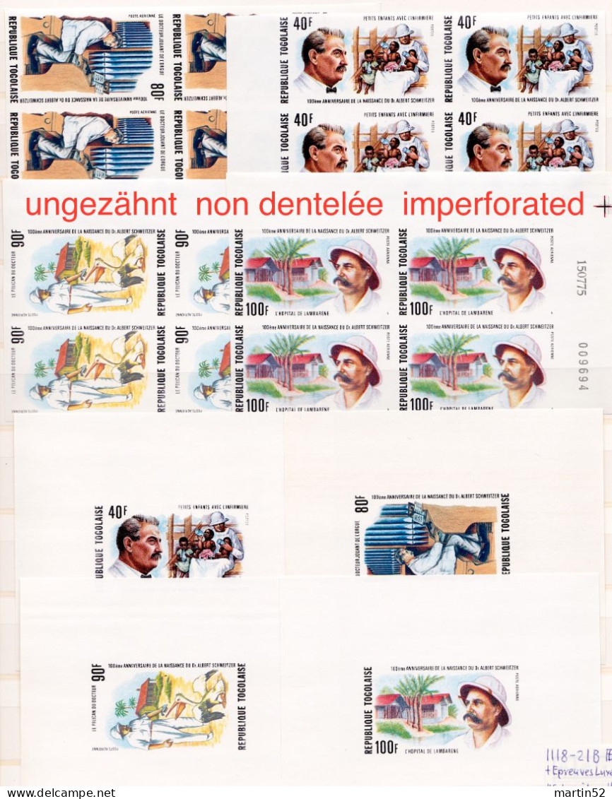 TOGO 1975: ALBERT SCHWEITZER Michel-N° 1118-1121B + 4 ÉPREUVES DE LUXE (ungezähnt Non Dentelée Imperforated) ** MNH - Albert Schweitzer