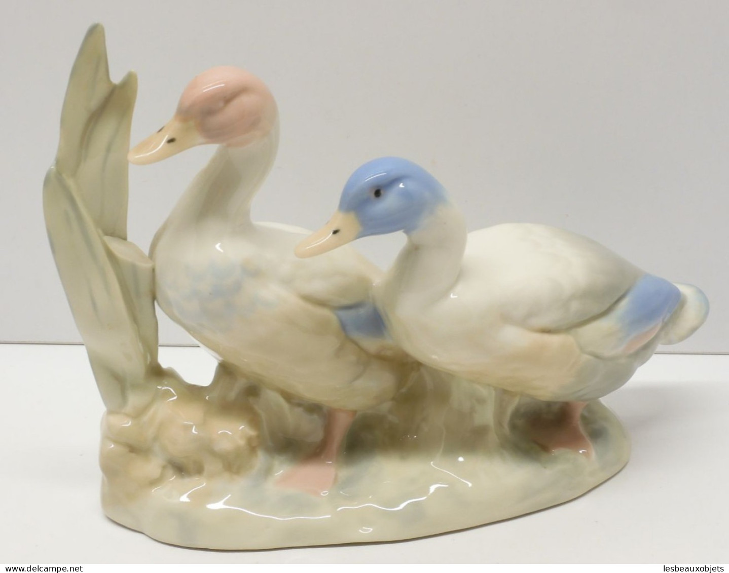 -SUJET DECORATIF 2 CANARDS/OIES PORCELAINE Signée REX VALENCIA HAND MADE SPAIN  E - Sonstige & Ohne Zuordnung