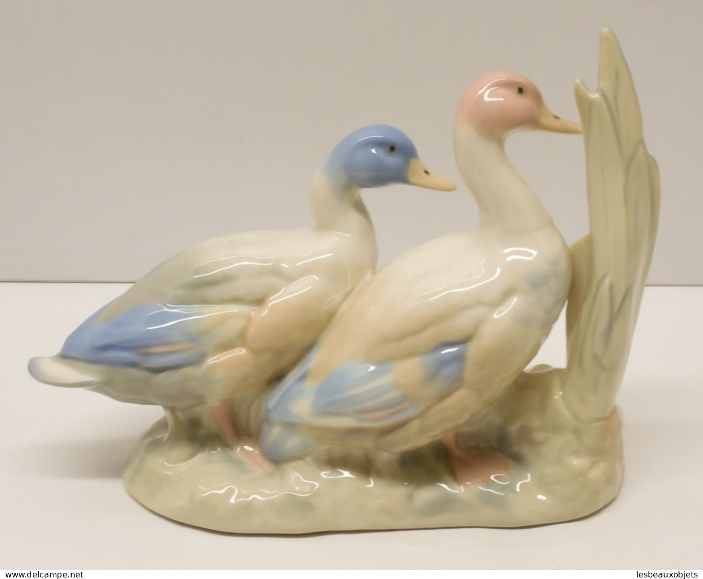 -SUJET DECORATIF 2 CANARDS/OIES PORCELAINE signée REX VALENCIA HAND MADE SPAIN  E