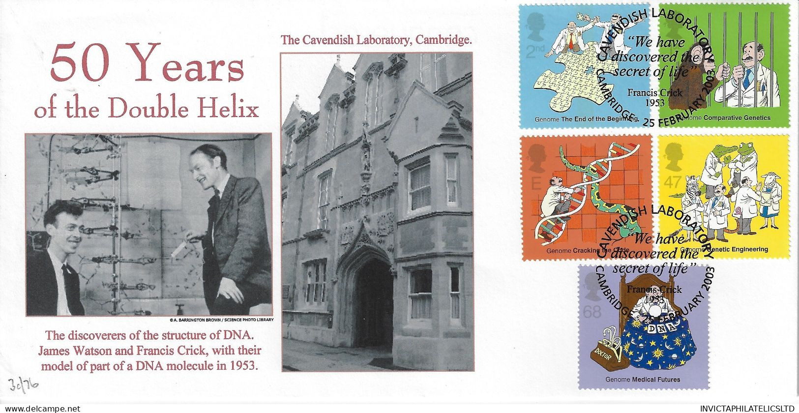 GB 2003 DISCOVERY OF DNA, CAMBRIDGE OFFICIAL FDC, 76 OF THIS PRODUCED - 2001-2010 Decimal Issues