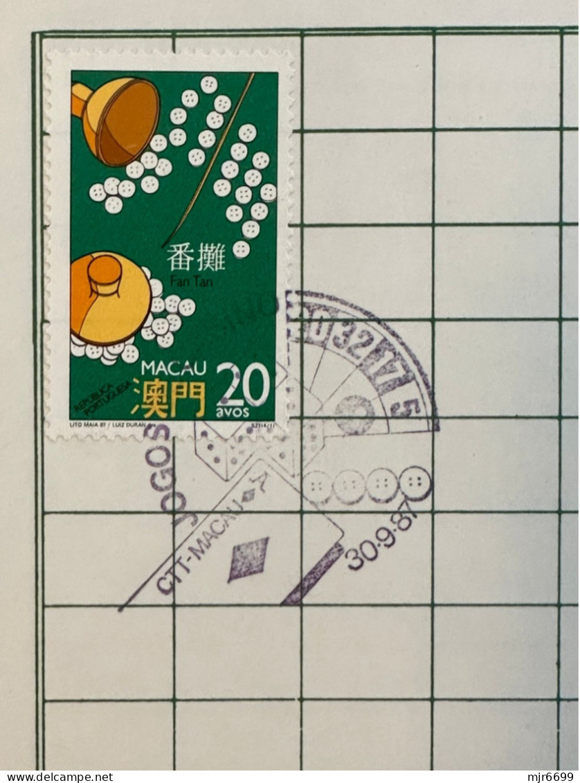 MACAU 1987 CASINO GAMES STAMPS  USED IN BACCARAT OFFICIAL RULES CHART & FANTAN REGISTER PAPER CARD - Used Stamps