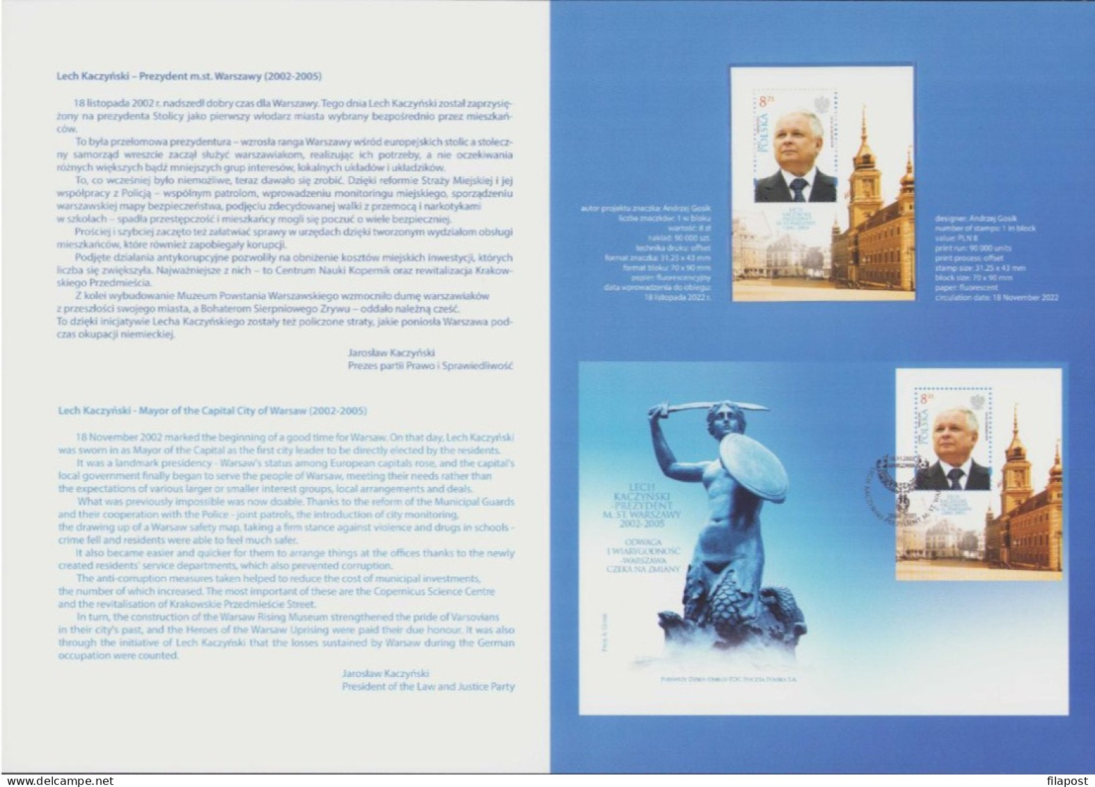 Poland 2022 Booklet, Lech Kaczyński - President Of The City Of Warsaw (2002-2005) / +block MNH** New!!! - Libretti