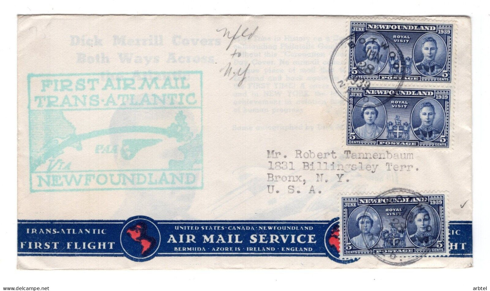 NEWFOUNDLAND TERRANOVA CC PRIMER VUELO TRANSATLANTICO 1939 A NEW YORK - First Flight Covers