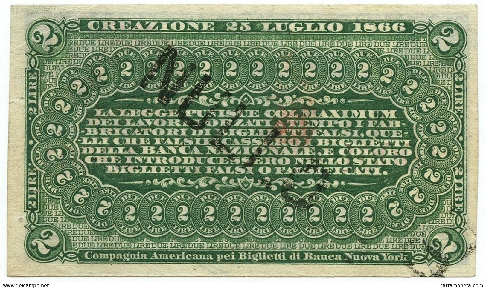 2 LIRE "USO CAMPIONE" BANCA NAZIONALE NEL REGNO D'ITALIA CAVOUR 25/07/1866 SPL - Sonstige & Ohne Zuordnung