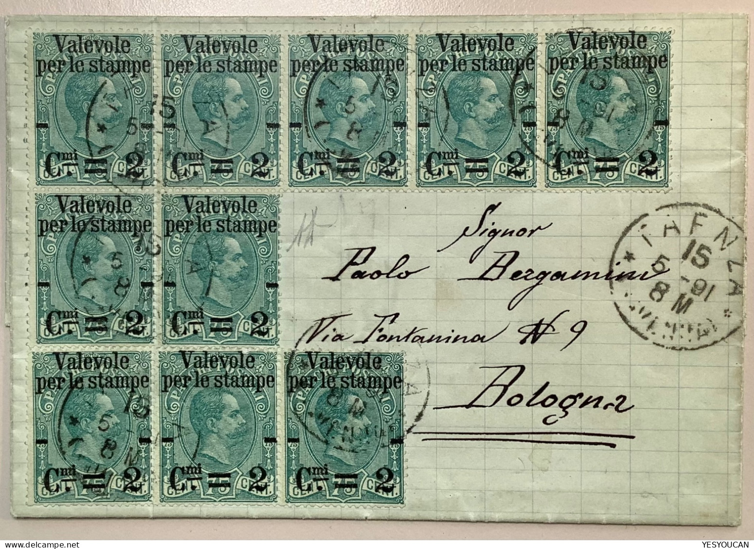 FAENZA 1891 (Ravenna, Emilia Romagna)Sa53 Lettera>Bologna EX PROVERA (Regno D‘ Italia Stampe Pacchi Postali Italy Cover - Poststempel